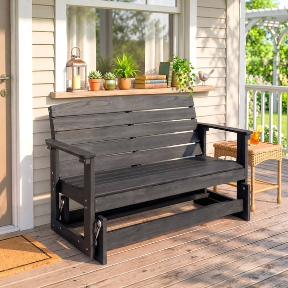 Outsunny 2-Person Outdoor Glider Bench Patio Double Swing Rocking Chair Loveseat w/ Slatted HDPE Frame for Backyard Garden Porch, Distressed Black