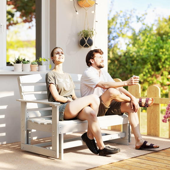 Outsunny 2-Person Outdoor Glider Bench Patio Double Swing Rocking Chair Loveseat w/ Slatted HDPE Frame for Backyard Garden Porch, Distressed White