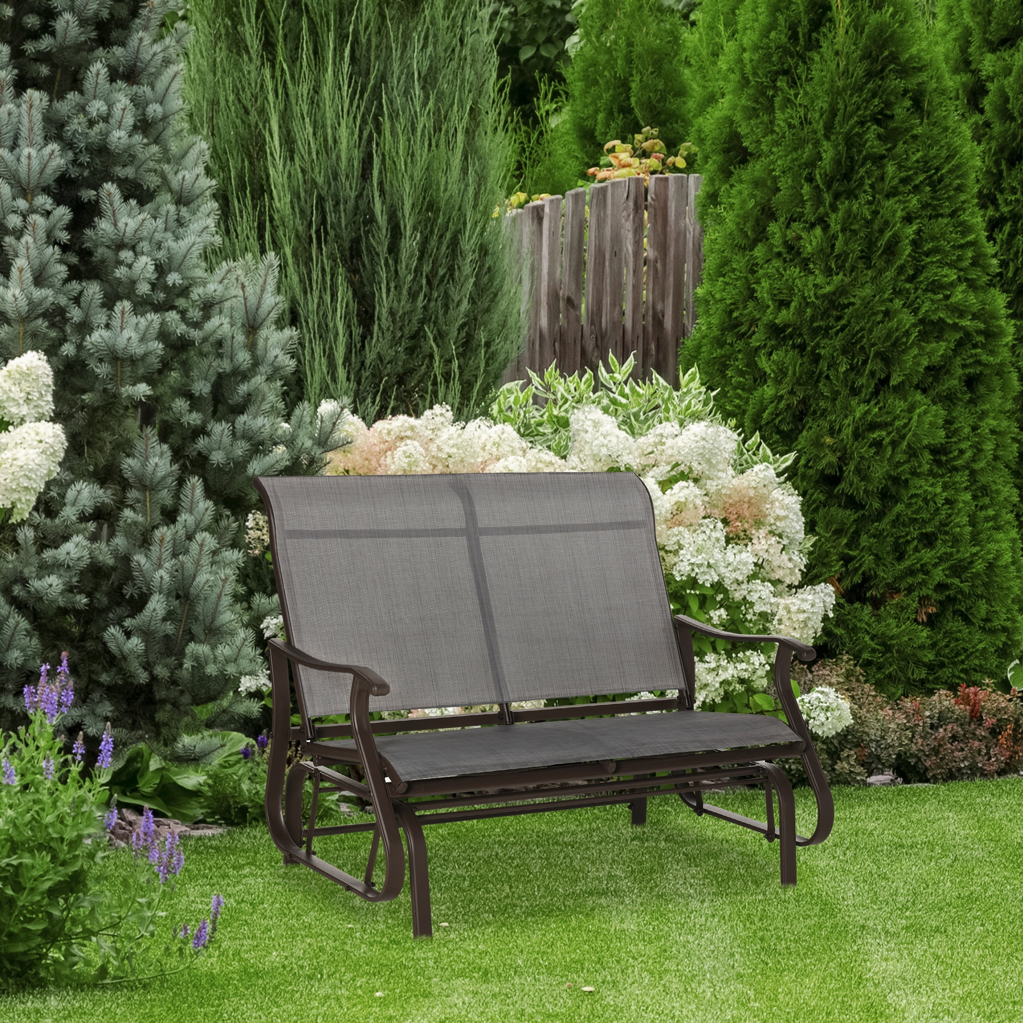Gray Steel Outdoor Double Glider Bench with Mesh Seat