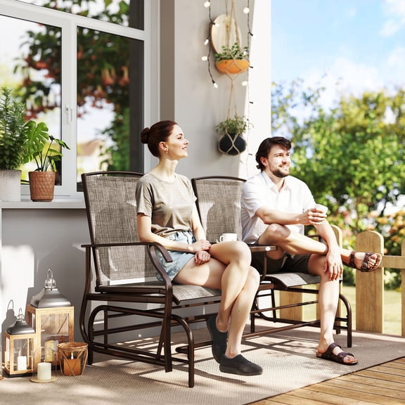 Outsunny 2-Person Outdoor Glider Bench with Center Table, Steel Frame Sling Patio Loveseat, Brown