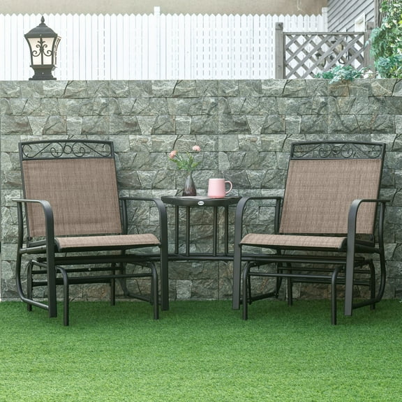 Outsunny Outdoor Glider Chairs with Coffee Table, Patio 2-Seat Rocking Chair Swing with Breathable Sling for Backyard, Garden and Porch, Brown