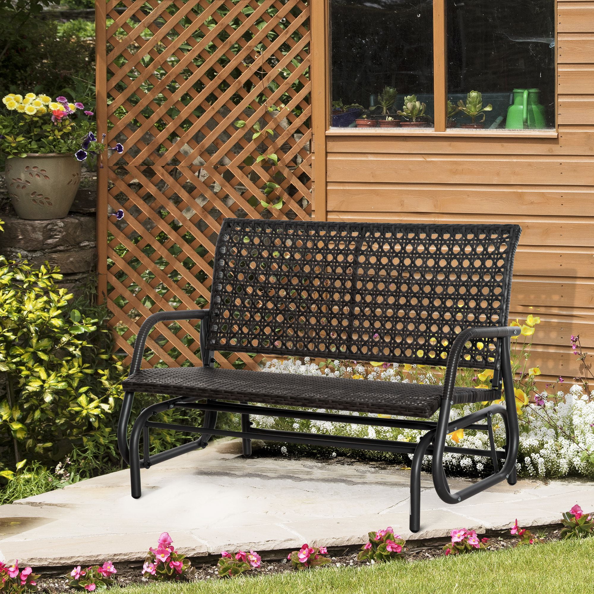 Dark Gray Steel Frame Wicker Outdoor Glider Bench