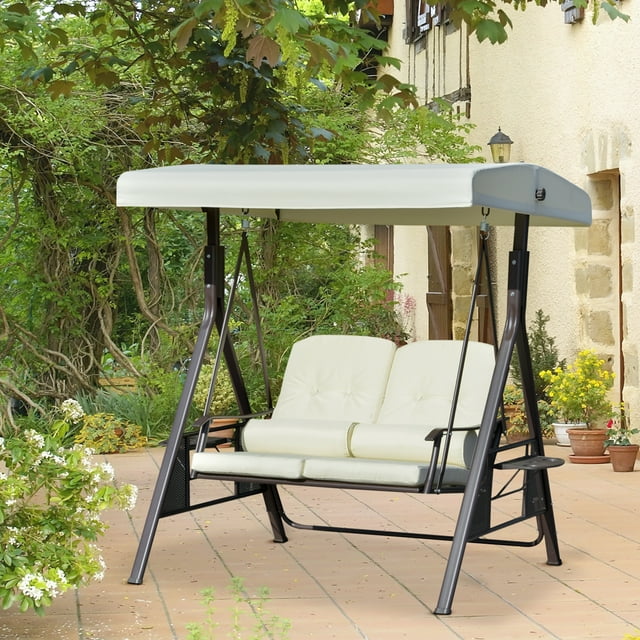 Outsunny 2-Person Porch Swing Bench with Adjustable Canopy, Cushions ...