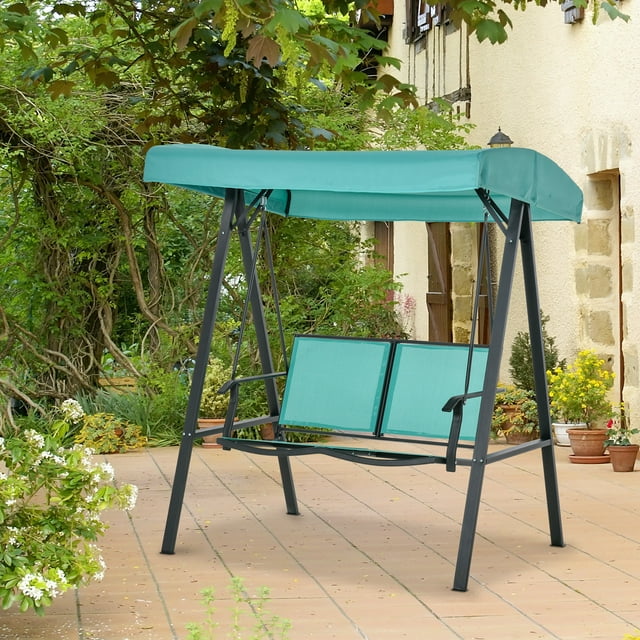 Outsunny 2-Person Patio Swings with Canopy, Outdoor Canopy Swing with Adjustable Shade, Breathable Mesh Seats and Steel Frame for Garden, Poolside, Backyard, Blue