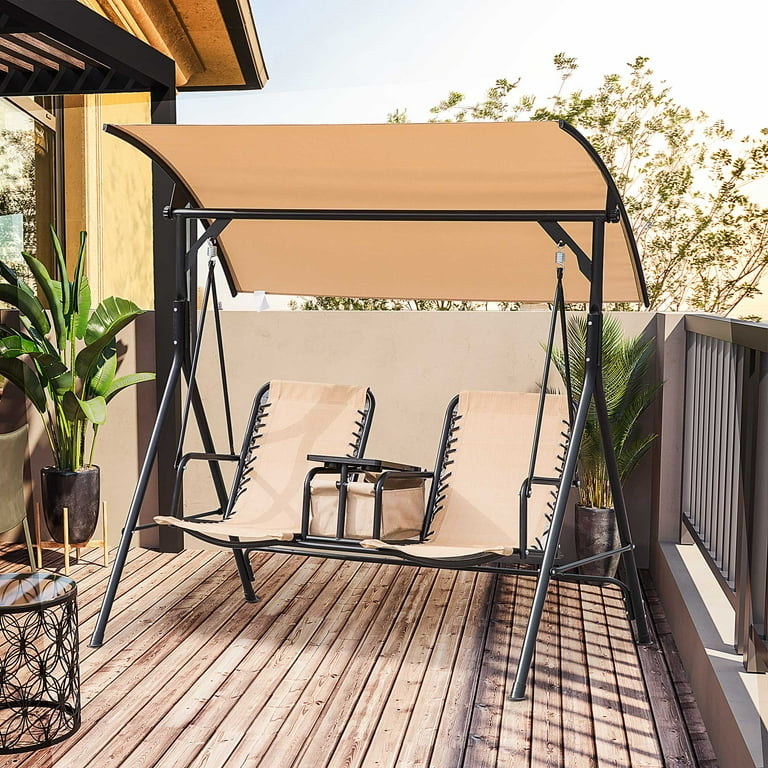 Outsunny 2 Person Porch Swing with Canopy Storage Table Cup Holder Beige
