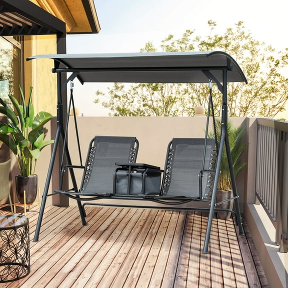 Outsunny 2 Person Porch Swing with Canopy, Storage Table, Cup Holder, Gray