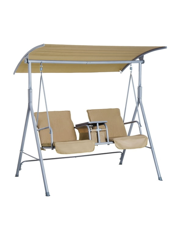 Outsunny 2 Person Porch Swing with Canopy, Table, Storage Console, Beige