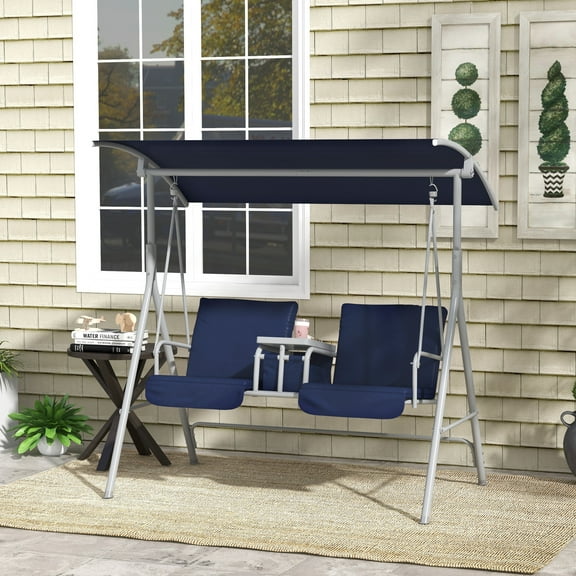 Outsunny 2 Person Porch Swing with Stand, Outdoor Swing with Canopy, Pivot Storage Table, 2 Cup Holders, Cushions for Patio, Backyard, Dark Blue