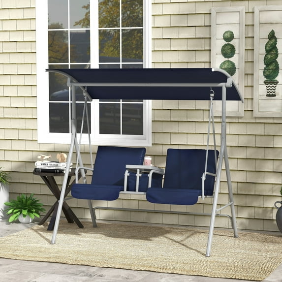 Outsunny 2 Person Porch Swing with Stand, Outdoor Swing with Canopy, Pivot Storage Table, 2 Cup Holders, Cushions for Patio, Backyard, Dark Blue