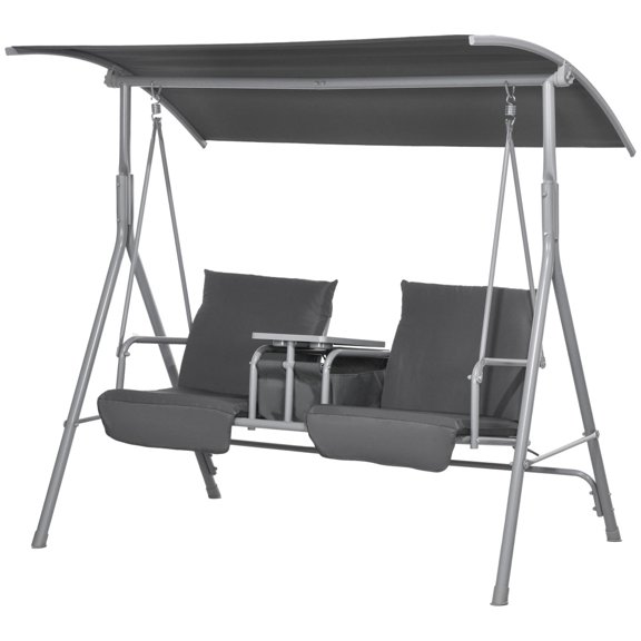 Outsunny 2 Person Porch Swing with Stand, Outdoor Swing with Canopy, Storage Table, 2 Cup Holders, Cushions for Patio, Backyard, Gray