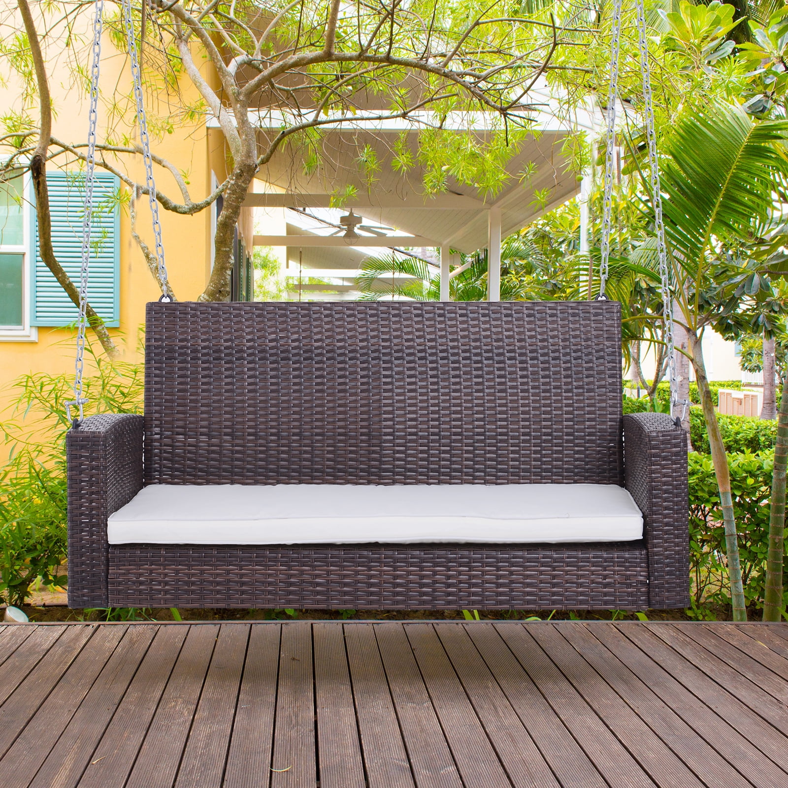 Premium 2-Person Rattan Porch Swing Bench, Outdoor Chair Cushions, Cream White main image 0