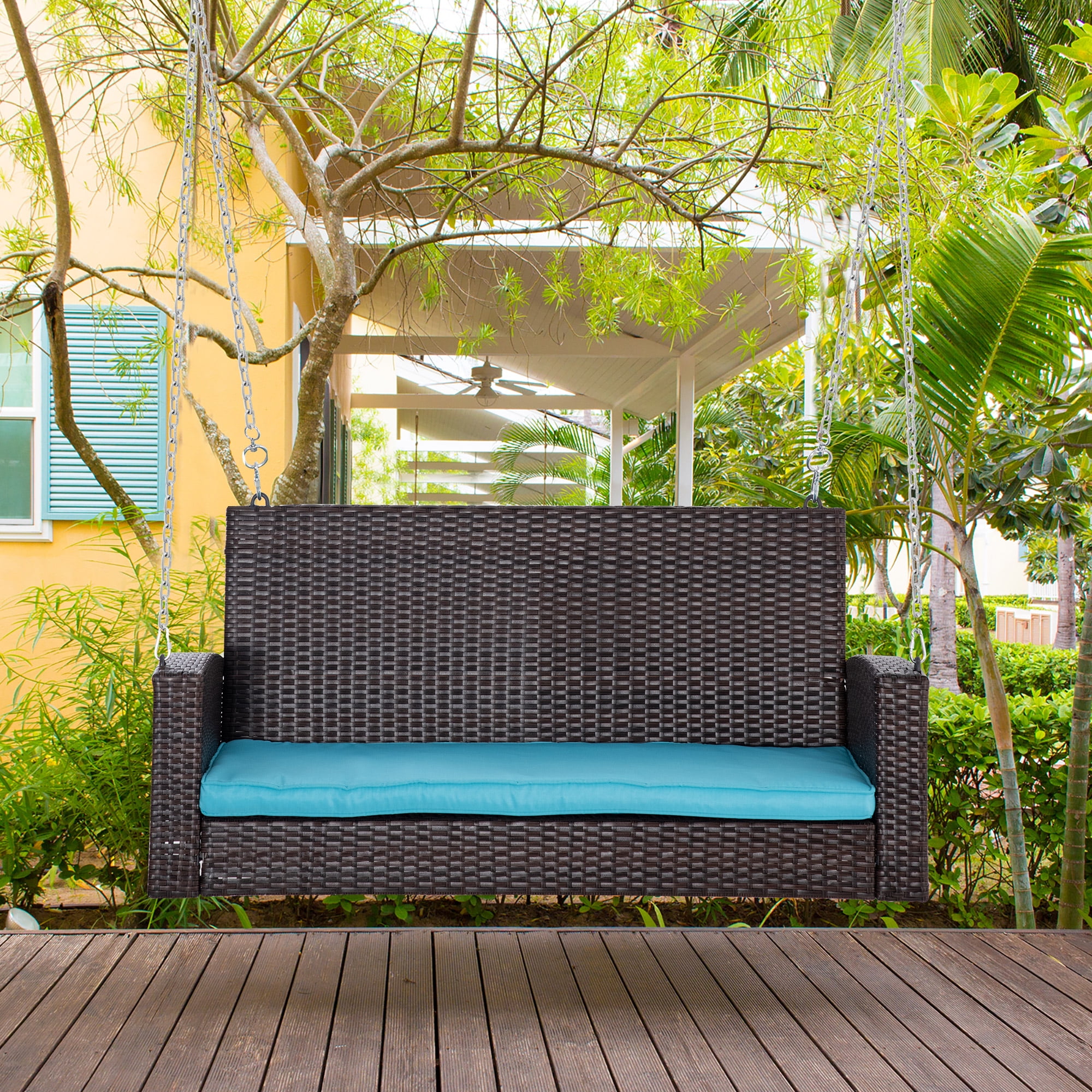Sky Blue Cushioned 2-Person Wicker Hanging Porch Swing Bench
