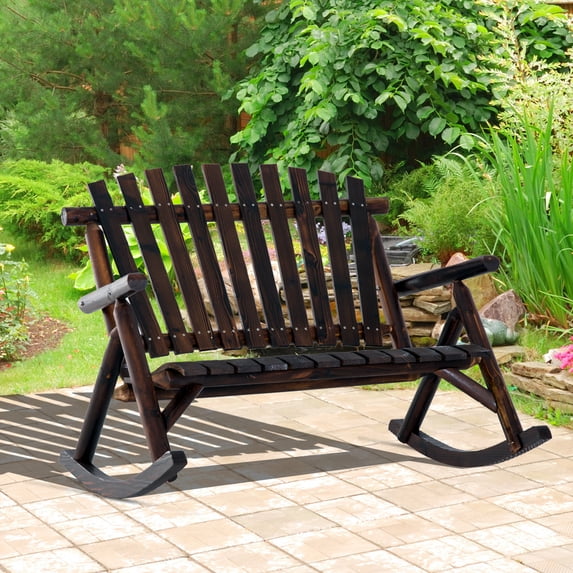 Outsunny Wooden Porch Rocking Chair, Wood Double Adirondack, Rocker for Indoor or Outdoor with High Rise Slatted Back, Carbonized