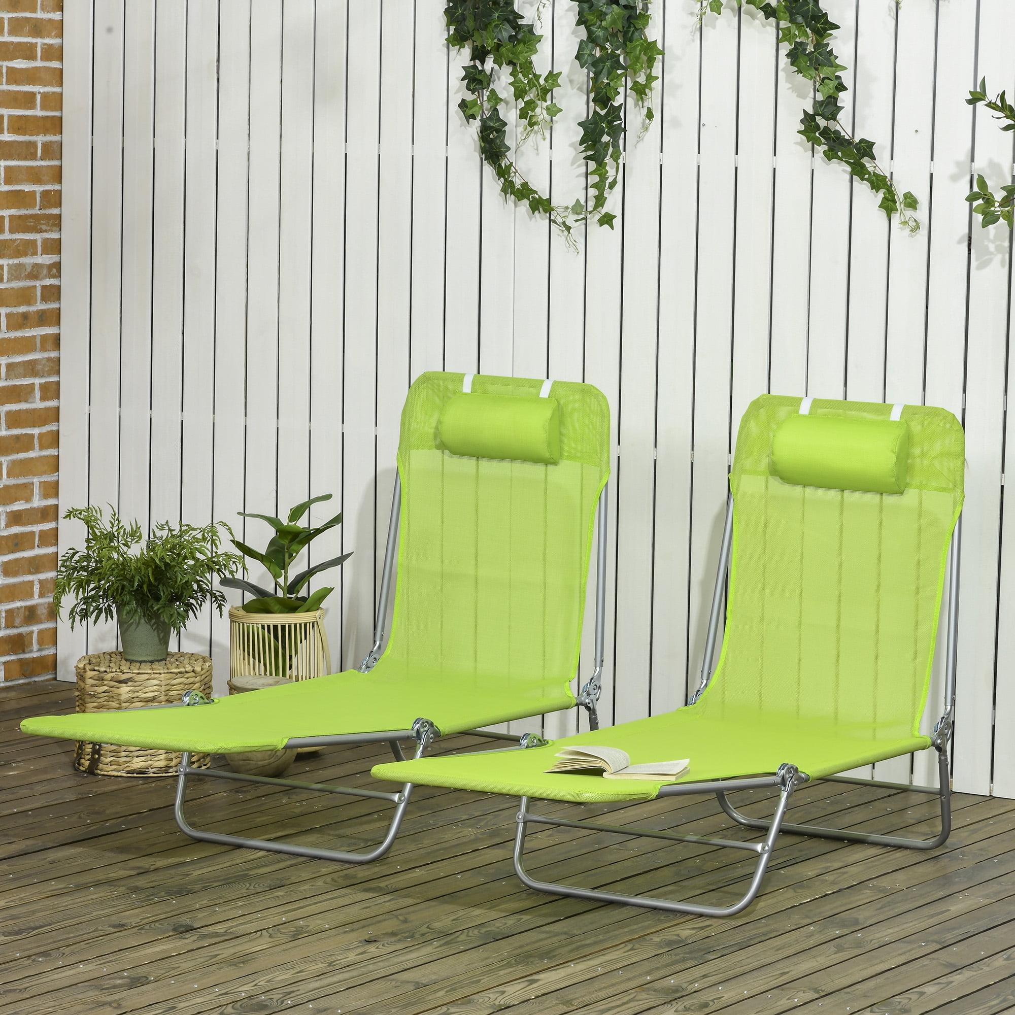 Green Mesh Folding Chaise Lounge Chairs with Cushions, Set of 2