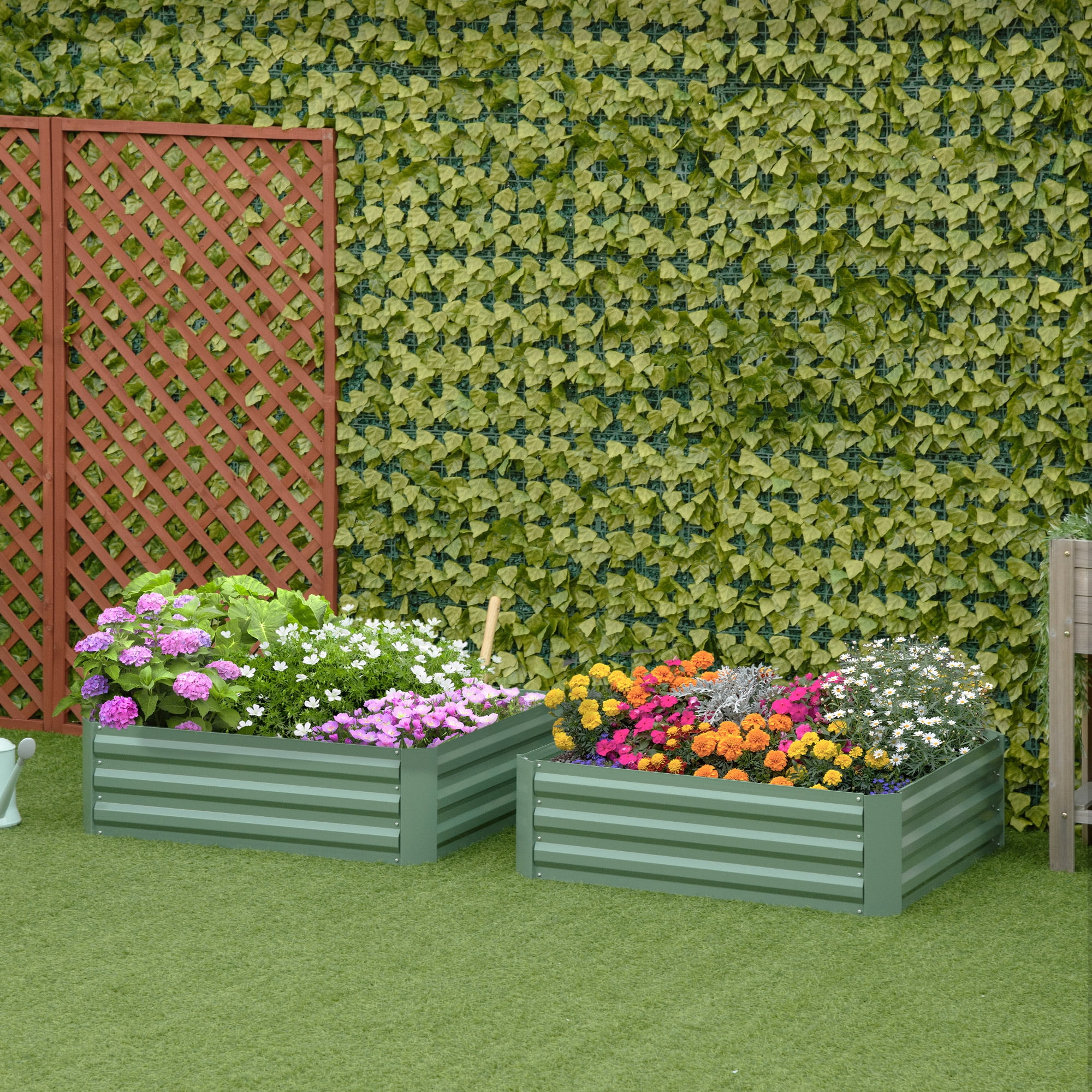 Green Galvanized Steel Raised Garden Bed Set for Vegetables and Flowers