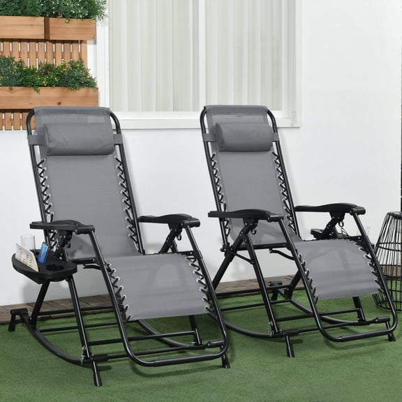 Outsunny 2-Piece Outdoor Rocking Chairs, Foldable Zero Gravity Lounge Rockers with Pillow, Cup & Phone Holder, Gray