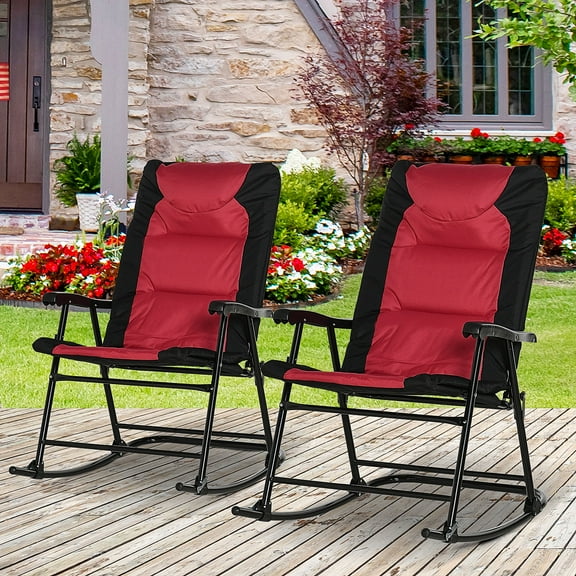 Outsunny 2 Piece Oversized Folding Rocking Camping Chair Set, Padded Outdoor Rockers with High Back, Armrests for Porch, Garden, Balcony, Red