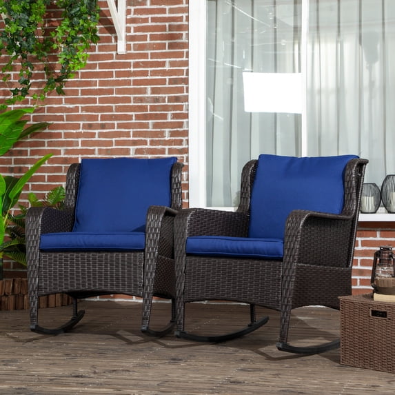 Outsunny 2 Piece Patio Wicker Rocking Chairs, Outdoor PE Rattan Swing Chairs w/ Soft Cushions for Garden, Patio, Lawn, Dark Blue
