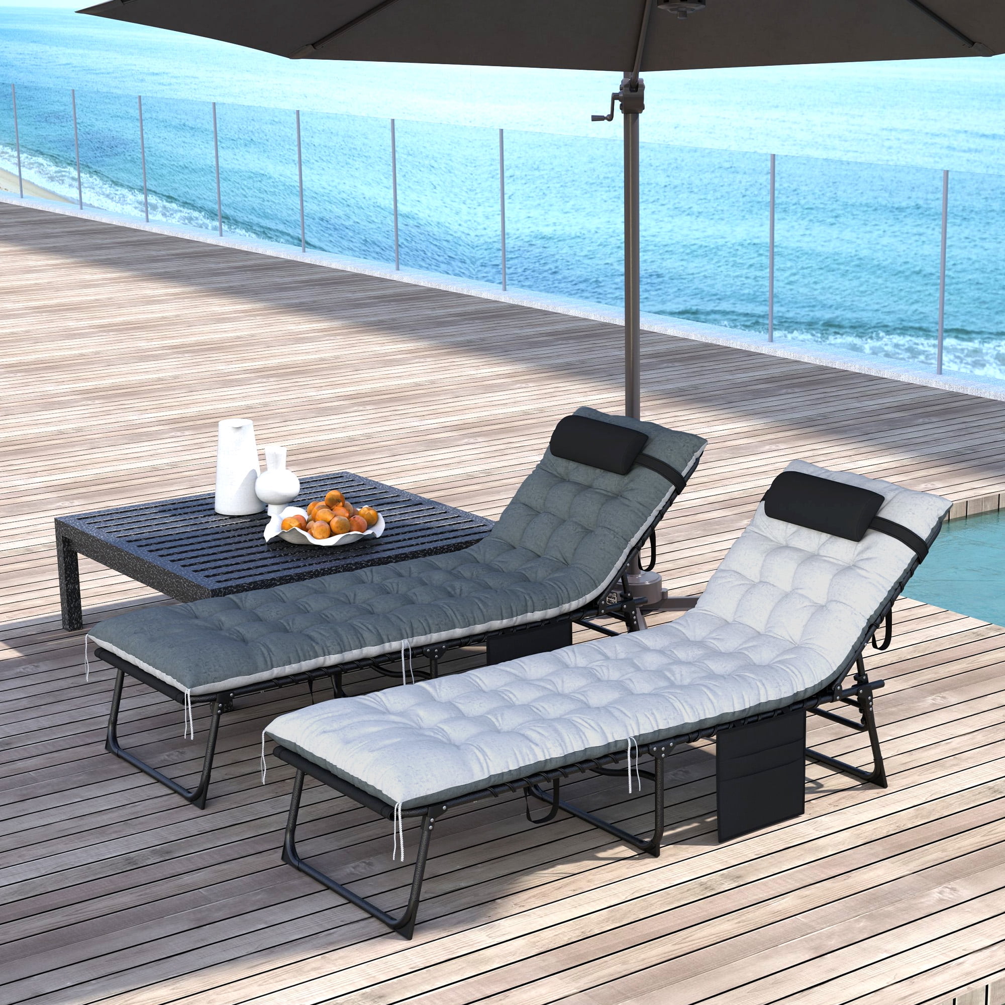 Black and Gray Cushioned Folding Outdoor Chaise Lounge Set