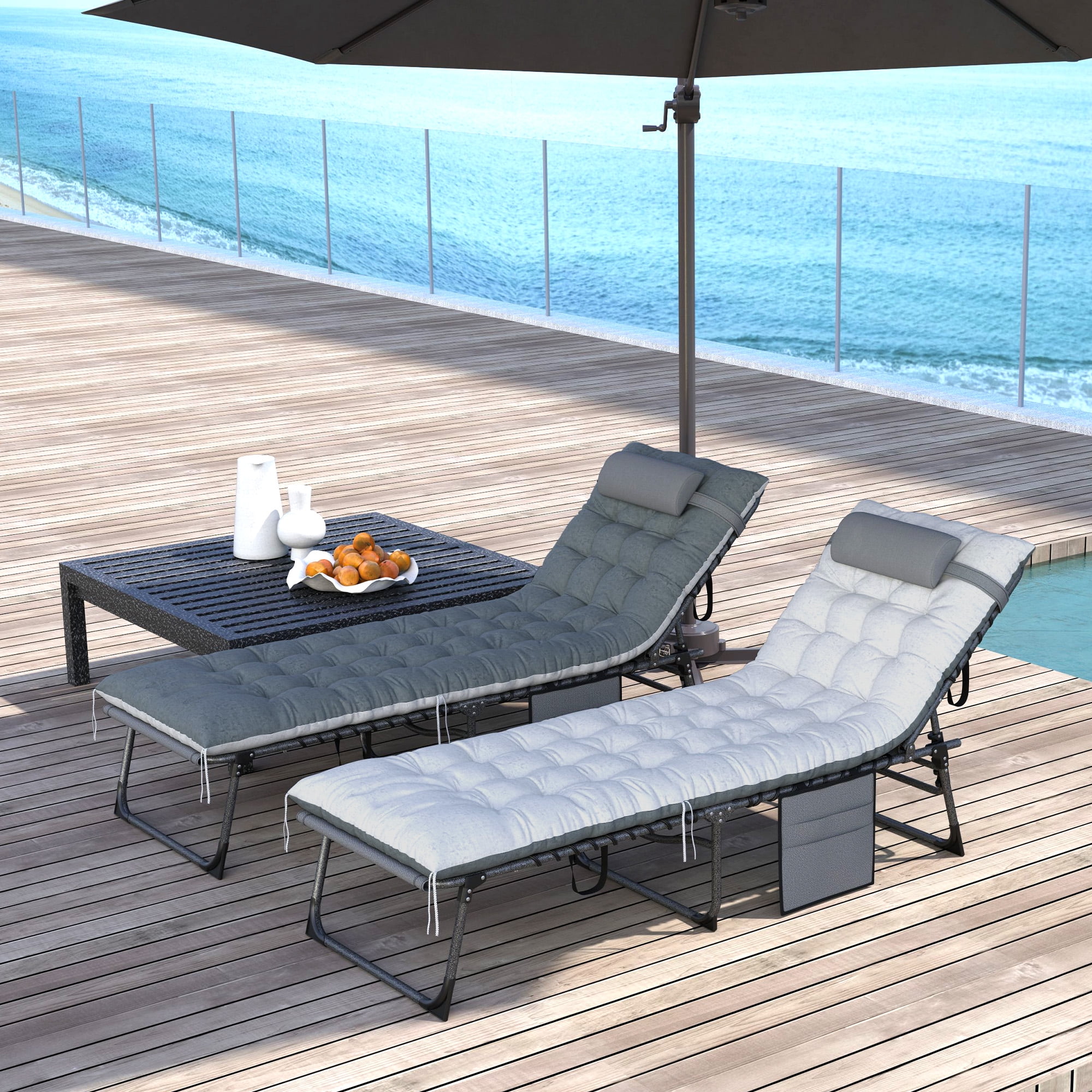 Gray and White Cushioned Folding Outdoor Chaise Lounge Set