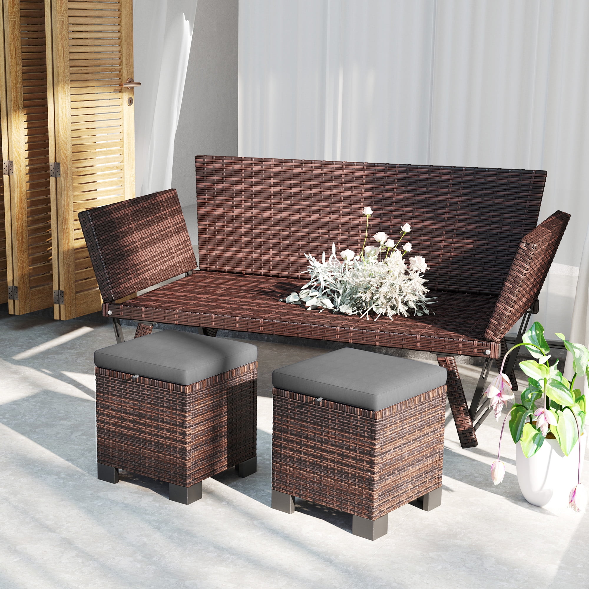 Outsunny 2 Pieces Wicker Outdoor Ottomans with Cushions, 3-in-1 PE ...