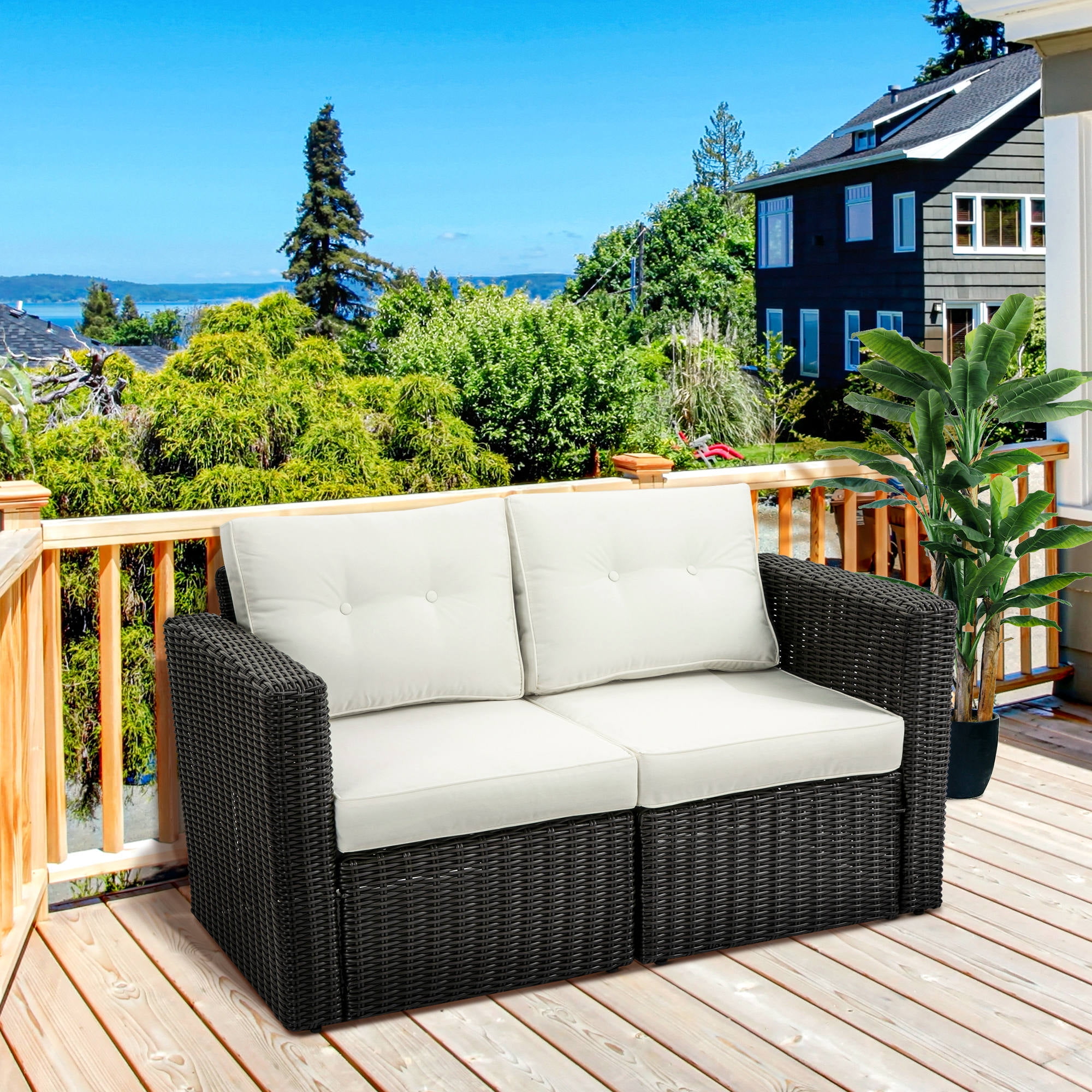 Outsunny 2 Piece Patio Wicker Corner Sofa Set, Outdoor PE Rattan Furniture, with Curved Armrests and Padded Cushions for Balcony, Beige