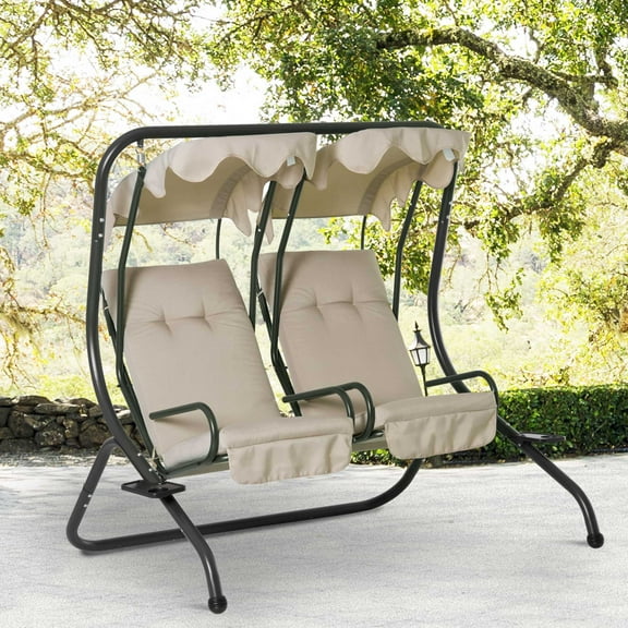 Outsunny 2-Seat Modern Steel Canopy Porch Swing with Cup Holder and Cushions, Beige/Black