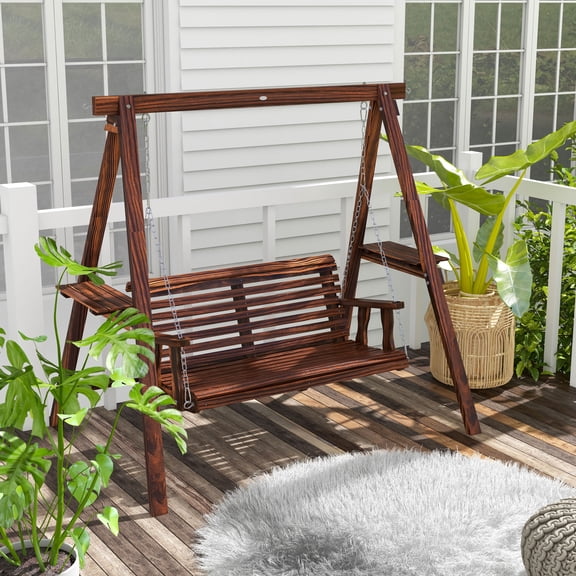 Outsunny 2-Seat Outdoor Swing Chair, Porch Swing with Stand and Side Tables for Garden, Poolside, Backyard, Carbonized