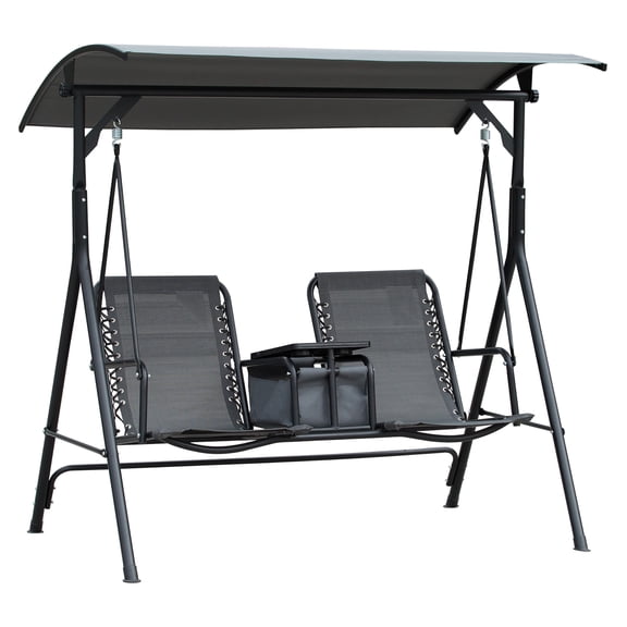 Outsunny 2-Seat Patio Swing Chair, Outdoor Canopy Swing Glider with Pivot Storage Table, Cup Holder, Adjustable Shade, Bungie Seat Suspension and Weather Resistant Steel Frame, Grey