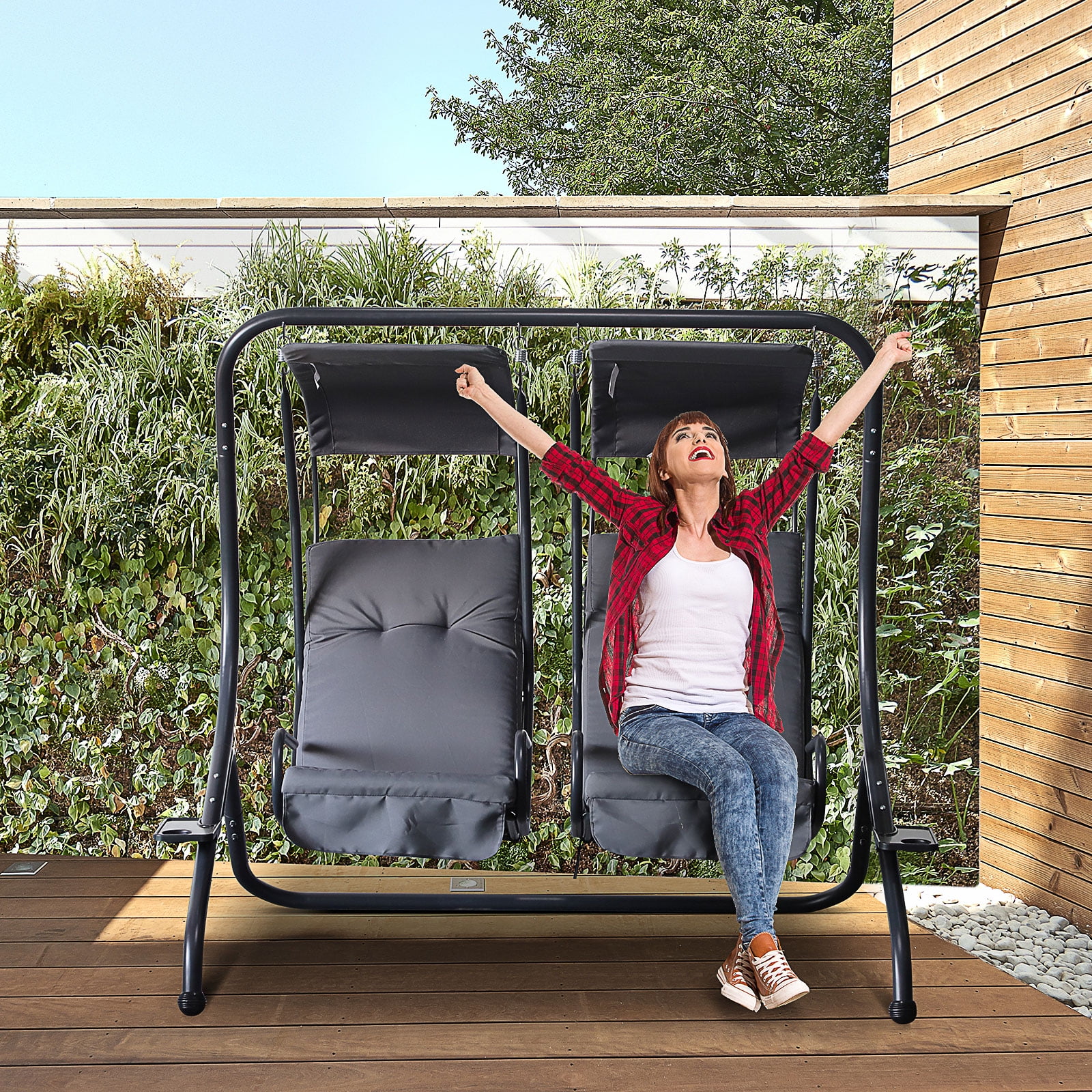 Gray Steel 2-Seater Outdoor Patio Swing Chair with Removable Canopy