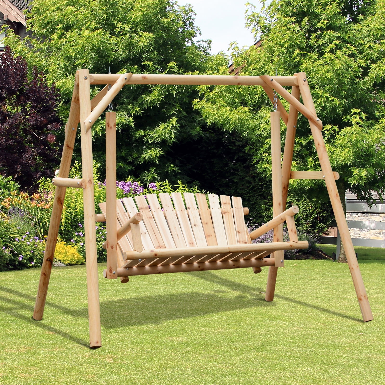 Natural Wood 2-Seat Outdoor Swing with A-Frame Stand