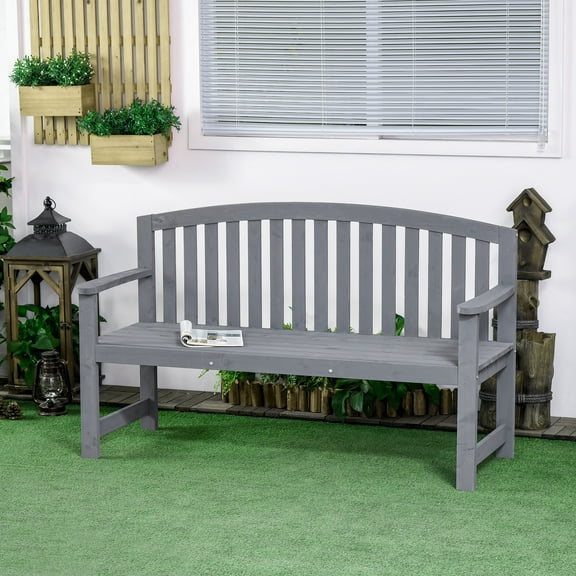 Outsunny 56" Outdoor Wood Bench, 2-Seater Wooden Garden Bench with Slatted Seat, Backrest & Arm Rests for Patio, Porch, Poolside, Balcony, Gray