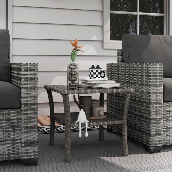 Outsunny 2-Tier Design Patio Wicker Coffee Table, Aluminum, Glass Top Side Table, Mixed Gray