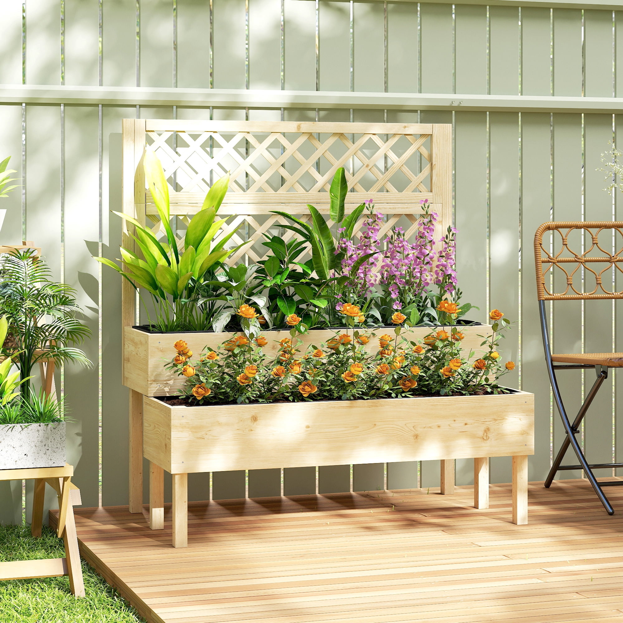 Outsunny 2-Tier Raised Garden Bed with Trellis, Elevated Planter Box for Climbing Plants, Natural