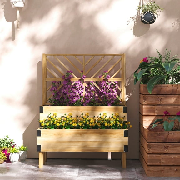 Outsunny 2 Tier Trellis Planter, 47.2” x 15.7” x 31.5”, Natural, Wood Garden Planter Box