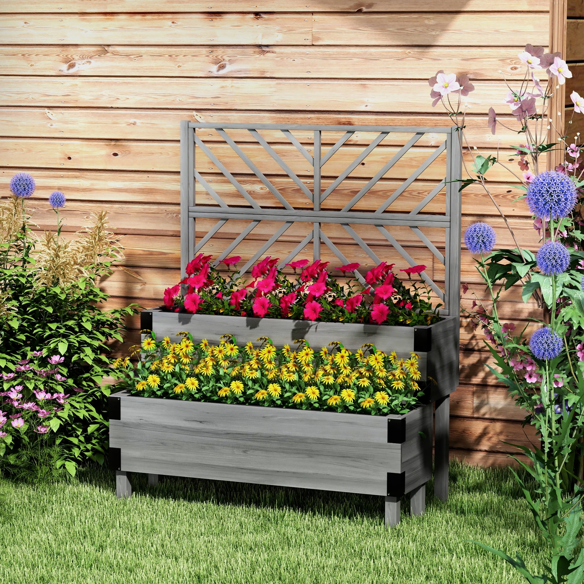 Gray 2-Tier Wooden Raised Garden Bed with Trellis and Metal Corners