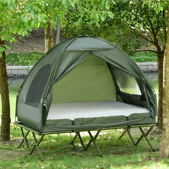 Outsunny 2-in-1 Camping Tent & Cot Combo - Elevated Double Sleeping Set with Air Mattress, 350LBS Capacity