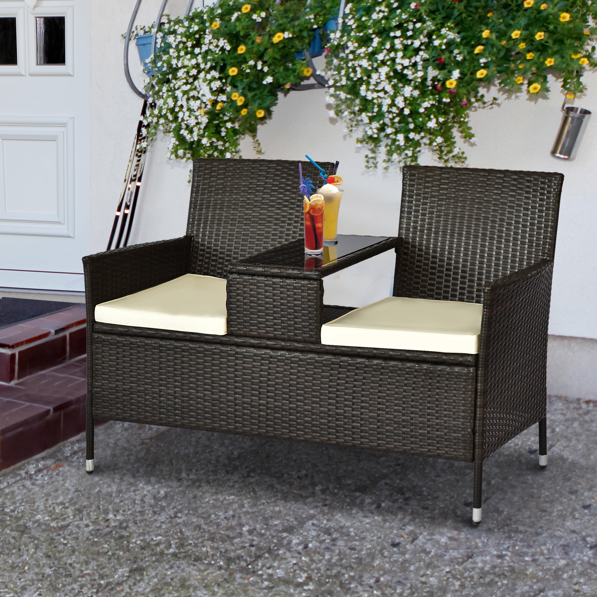 Modern 2-Person Rattan Loveseat with Built-in Glass Table - Brown