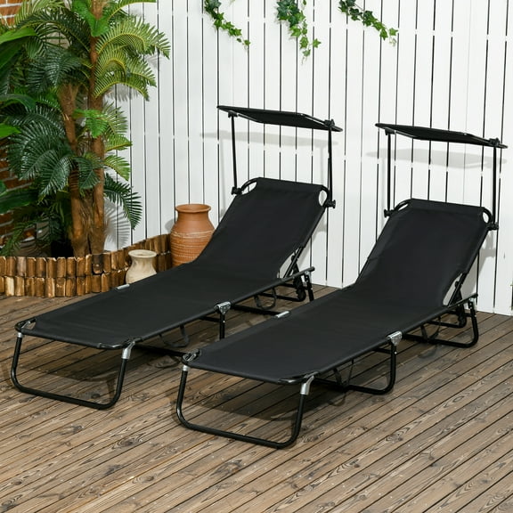 Outsunny 2-piece Chaise Lounge w/ Adjustable Backrest and Sunshade, Black