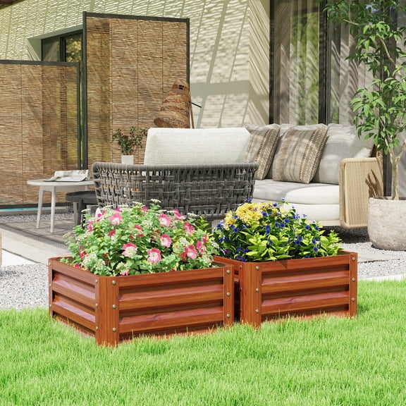 Outsunny 2' x 2' x 1' 2-Piece Galvanized Raised Garden Bed Box Planter Raised Beds with Steel Frame for Vegetables, Flowers, and Herbs, Brown