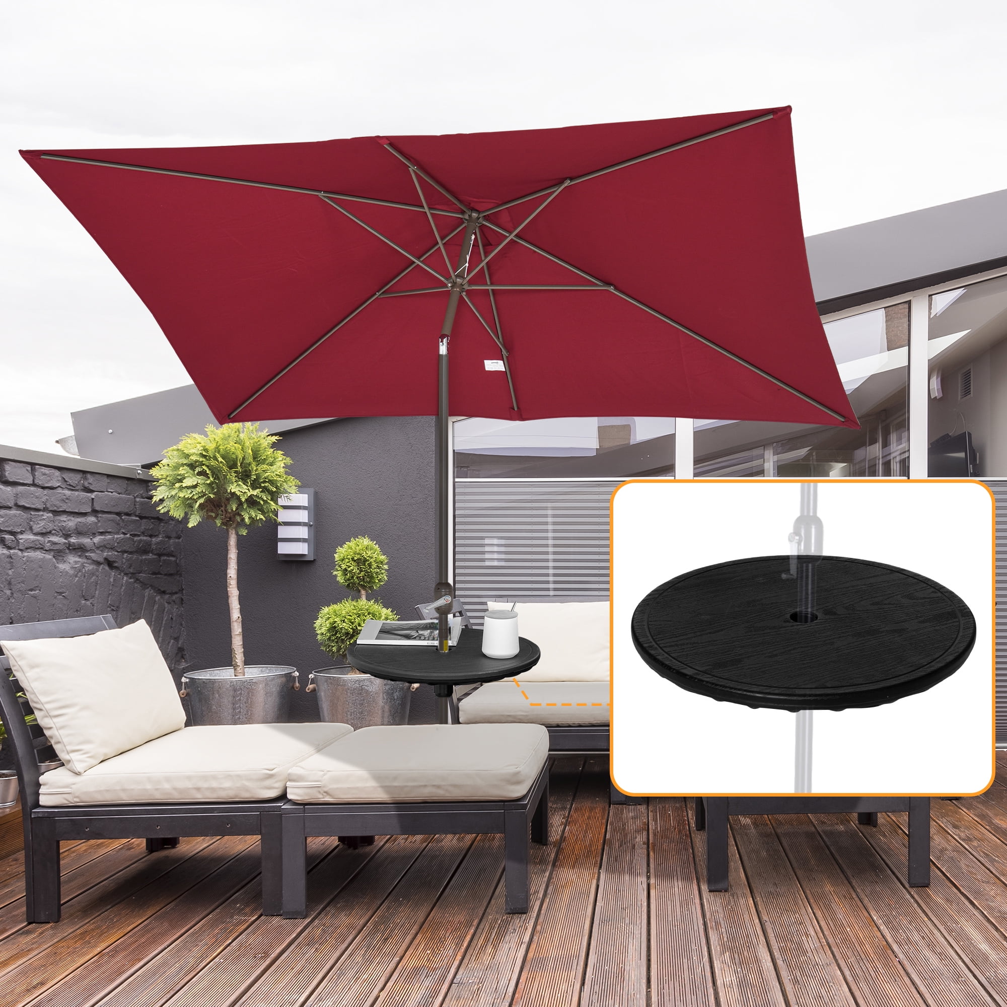 Black Round HDPE Umbrella Table Tray with Wood Grain Pattern
