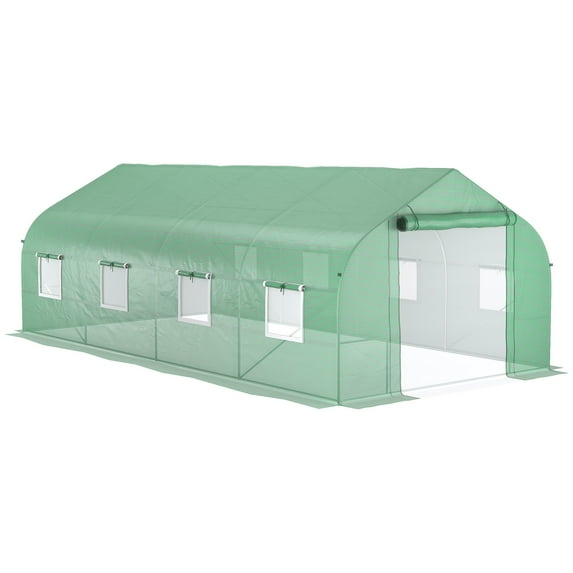 Outsunny 20' X 10' X 7' Walk-In Tunnel Greenhouse with Zippered Mesh Door and 8 Mesh Windows,Gardening Plant Hot House with Galvanized Steel Hoops,Green,Green Steel Garden Outdoor Sheds