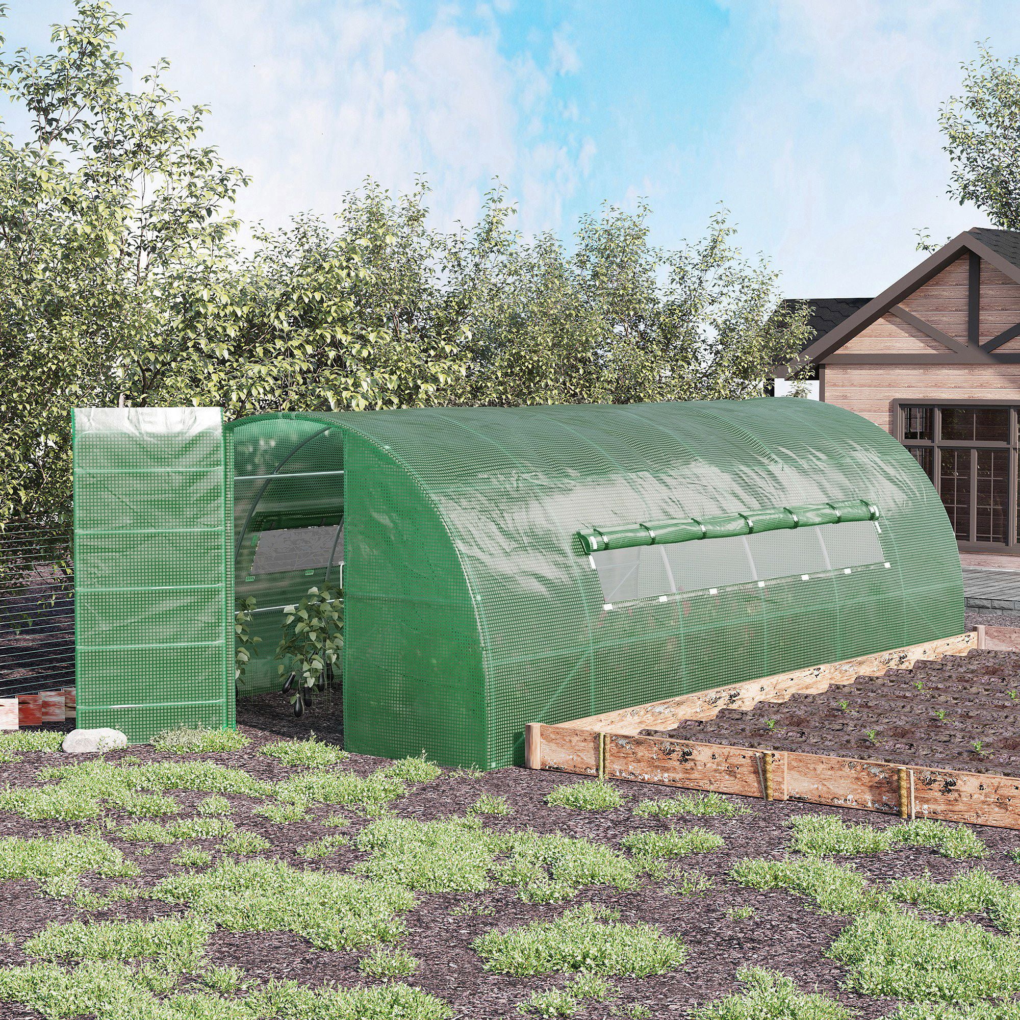 Large Green Walk-In Tunnel Greenhouse with Galvanized Steel Frame