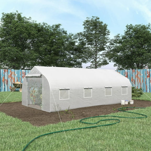 Outsunny 20' x 10' x 7' Walk-In Greenhouse, Hot House, Roll Up Door, White