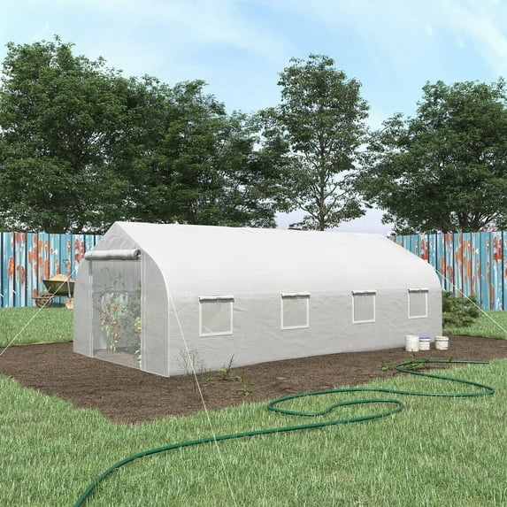 Outsunny 20' x 10' x 7' Walk-In Greenhouse, Hot House, Roll Up Door, White