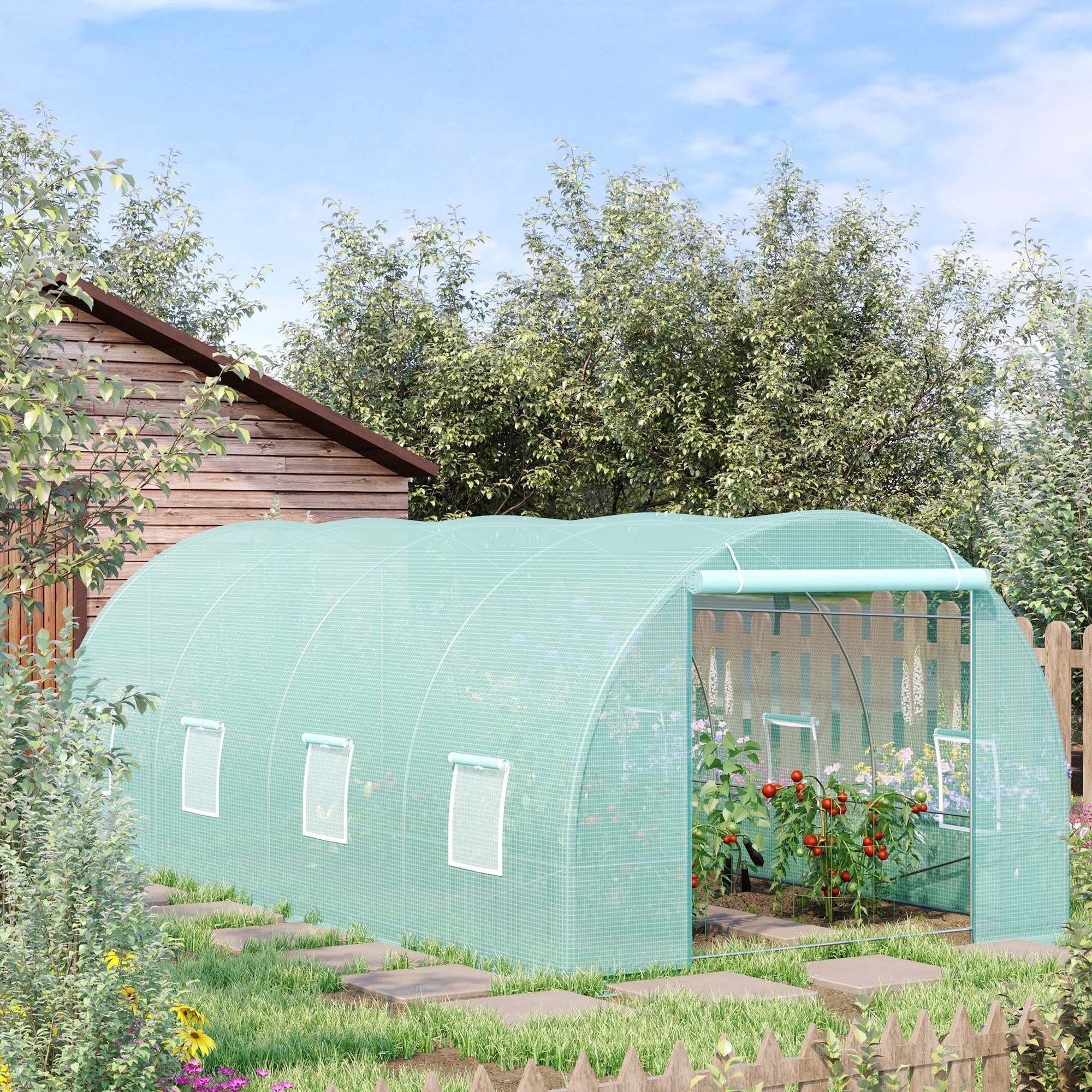 Outsunny 20' x 10' x 7' Walk-In Tunnel Greenhouse, Garden Warm House, Large Hot House Kit with 8 Roll-up Windows & Roll Up Door, Steel Frame, Green