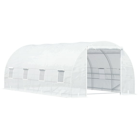Outsunny 20' x 10' x 7' Walk-In Tunnel Greenhouse, Garden Warm House, Large Hot House Kit with 8 Roll-up Windows & Roll Up Door, Steel Frame, White