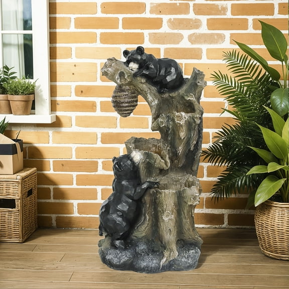 Outsunny 22.4" Outdoor Water Fountain, 3-Tier Floor Standing Resin Bears and Honey Beehive Tree Waterfall Fountain with LED Lights, Pump