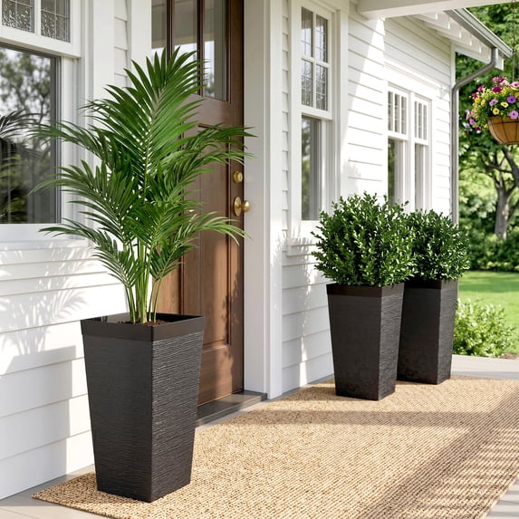 Outsunny 22.8 Inch Outdoor Planters, Set of 3 Plastic Flower Pots with Stone Finish and Wheels, Stackable Tapered Planters with Drainage Hole, Black