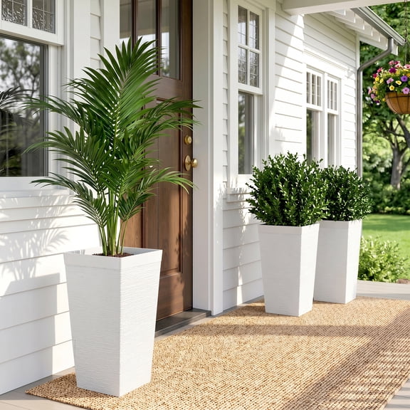 Outsunny 22.8 Inch Outdoor Planters, Set of 3 Plastic Flower Pots with Stone Finish and Wheels, Stackable Tapered Planters with Drainage Hole, White